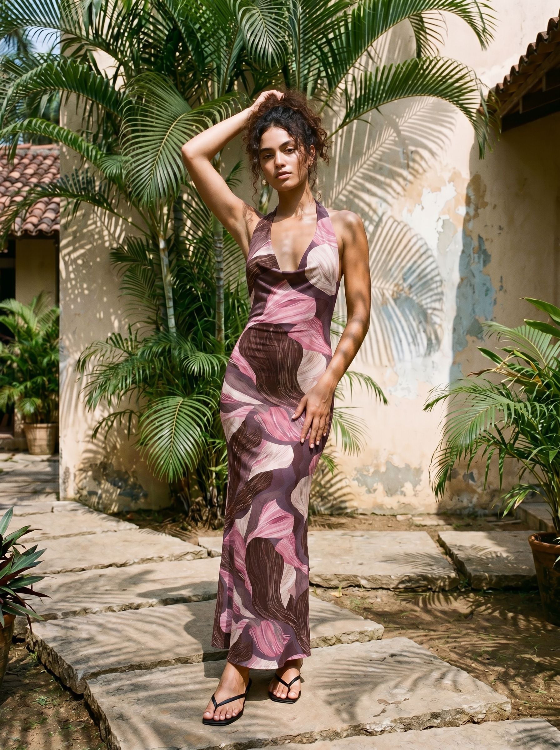 Floral Print Cowl Neck Bodycon Maxi Dress