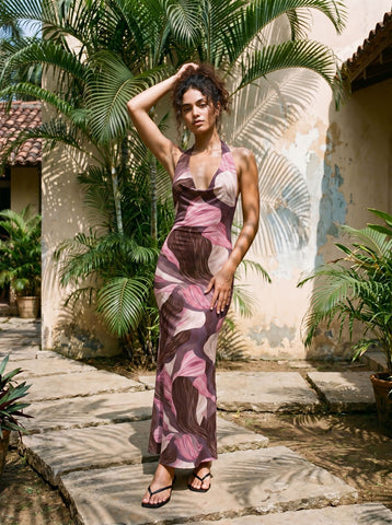 Floral Print Cowl Neck Bodycon Maxi Dress