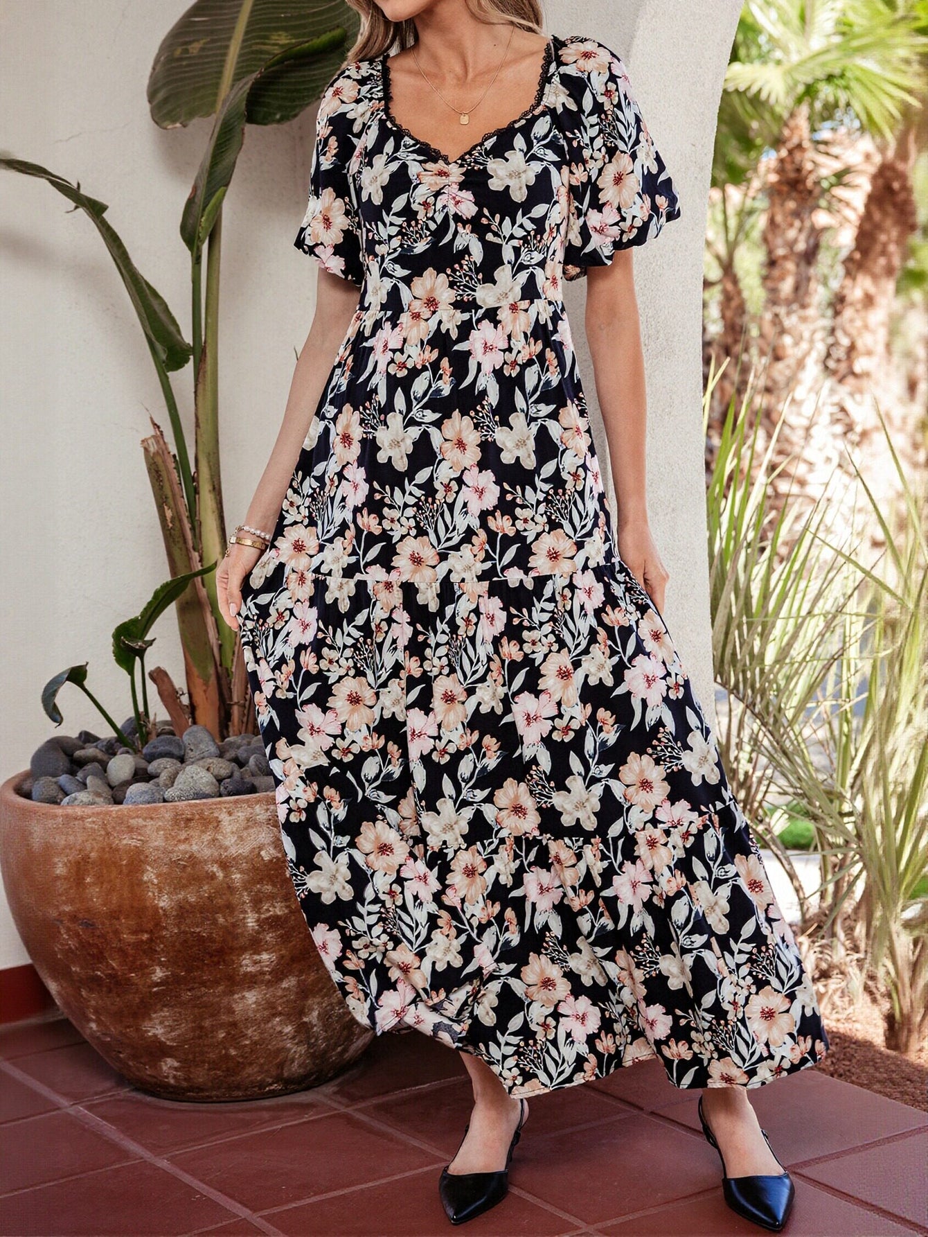Floral Puff Sleeve Tiered Maxi Dress