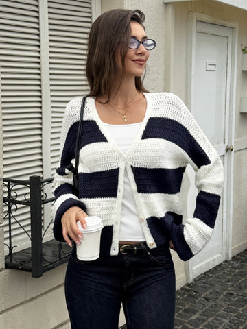 Cropped Striped Open Knit Cardigan