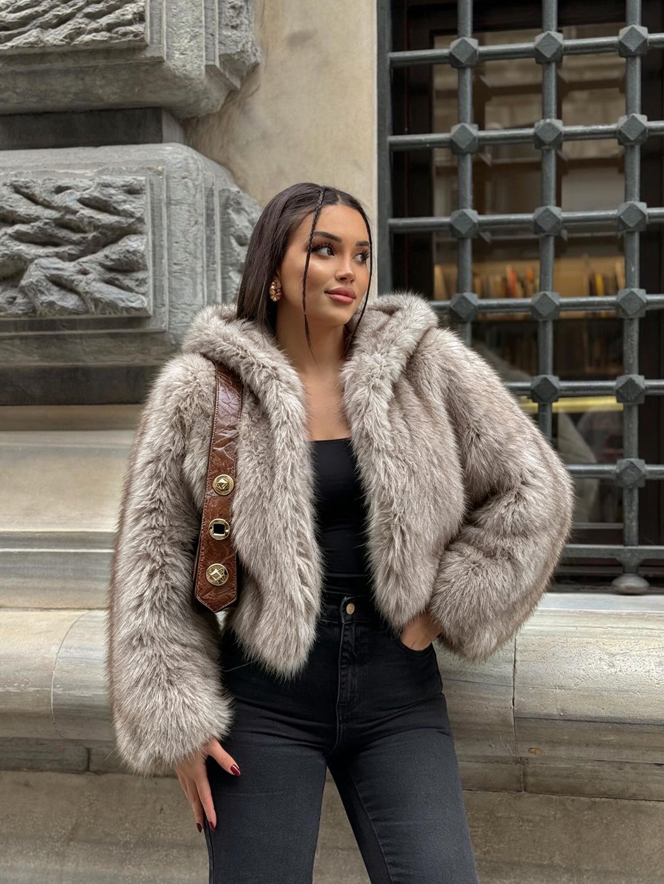 Cropped Plush Faux Fur Jacket