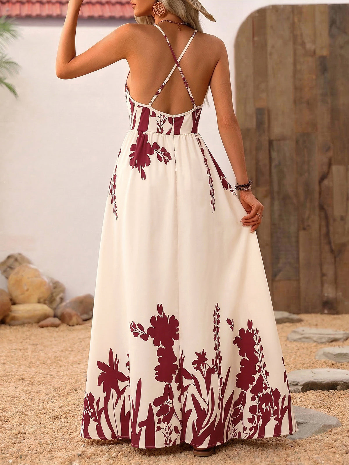 V Neck Floral Print Boho Maxi Dress