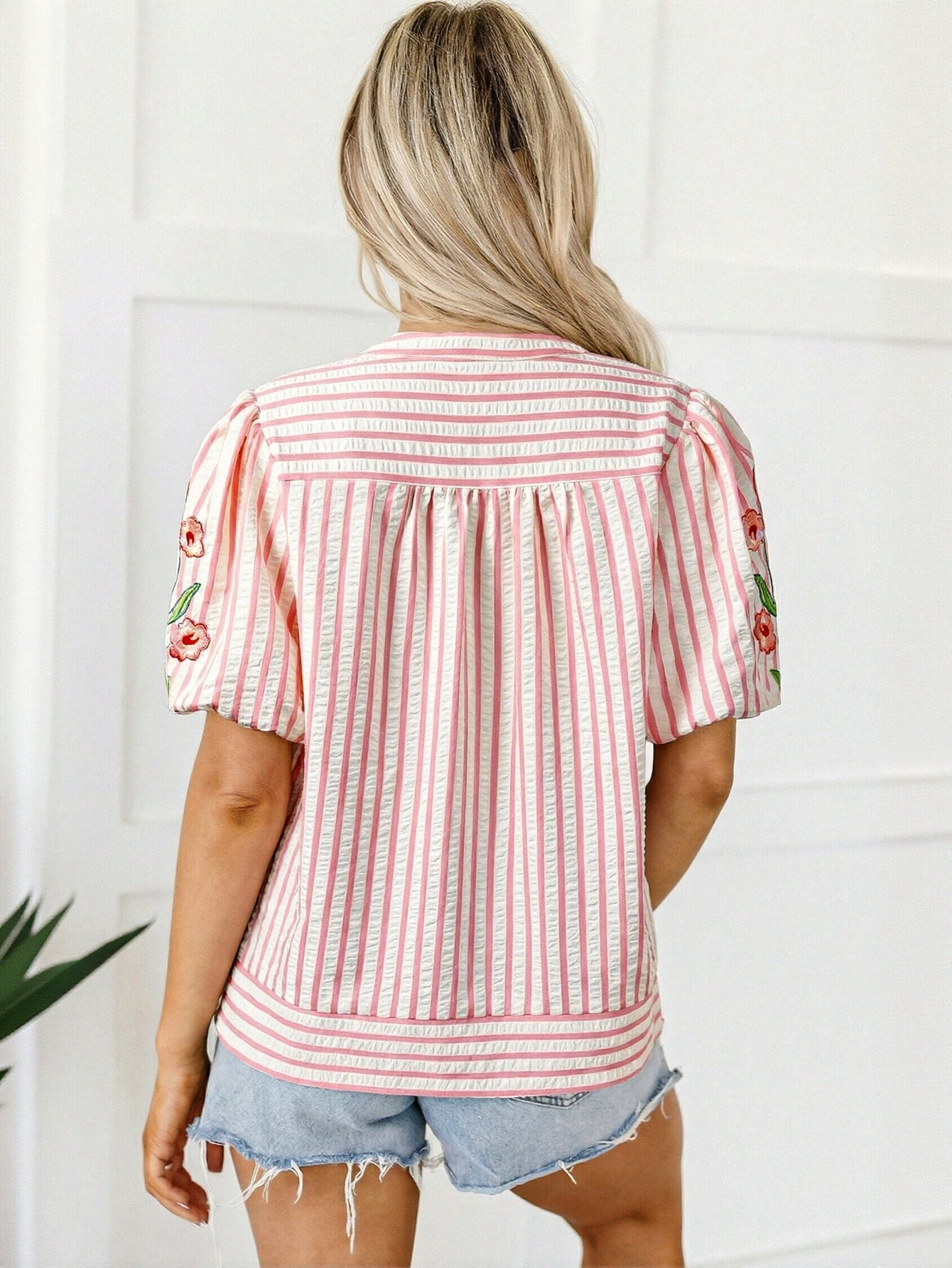 Striped Embroidered V Neck Shirt