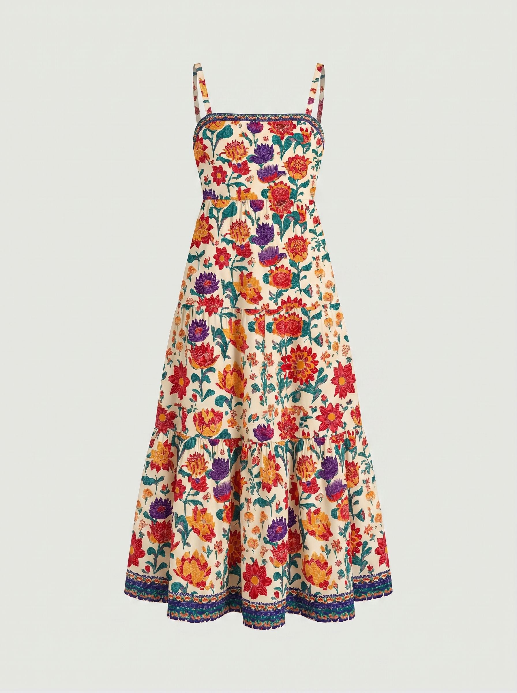FLORA Floral Print Tiered Strap Midi Dress