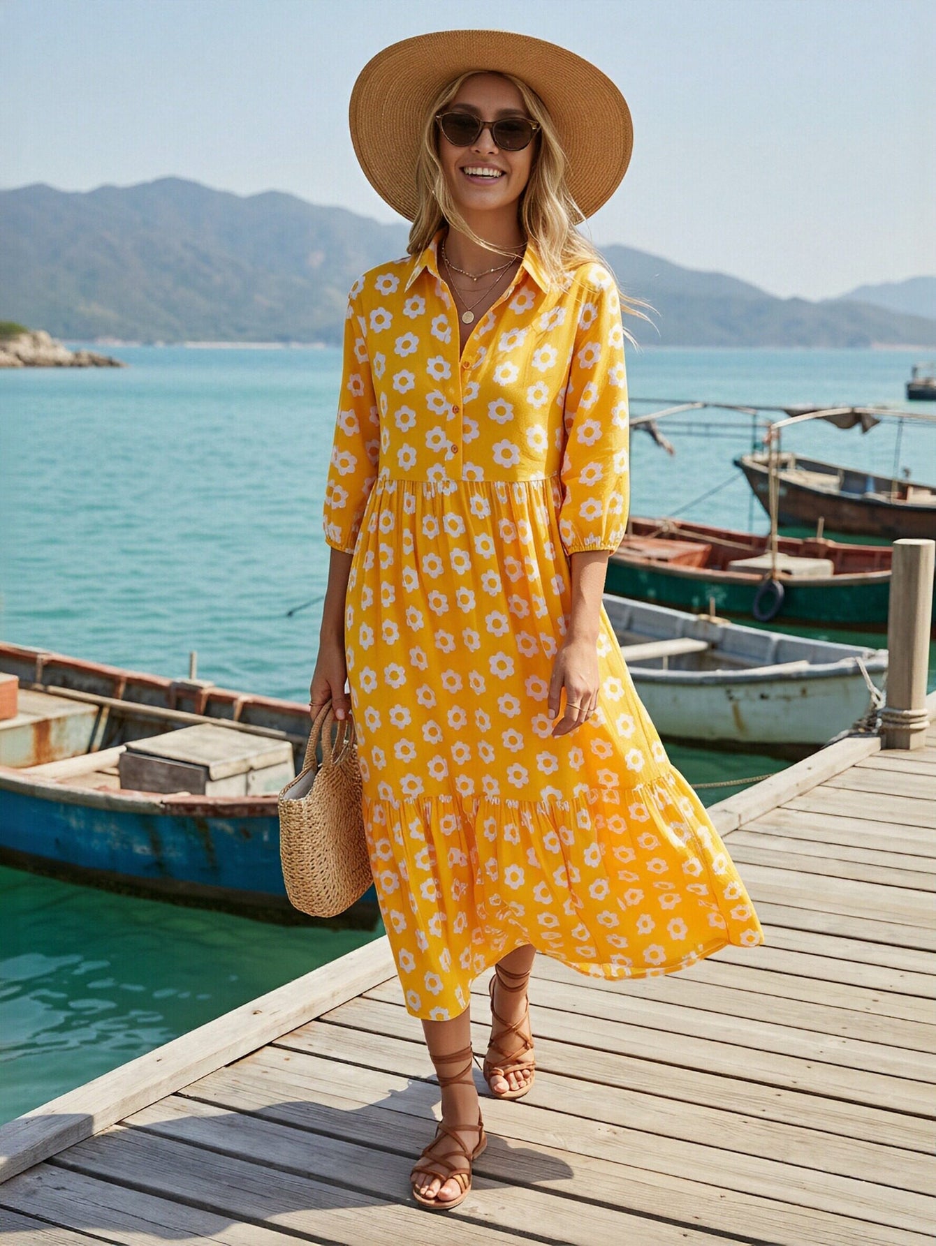Yellow Floral Button Down Midi Dress