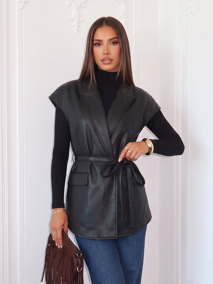 Belted Faux Leather Blazer Vest