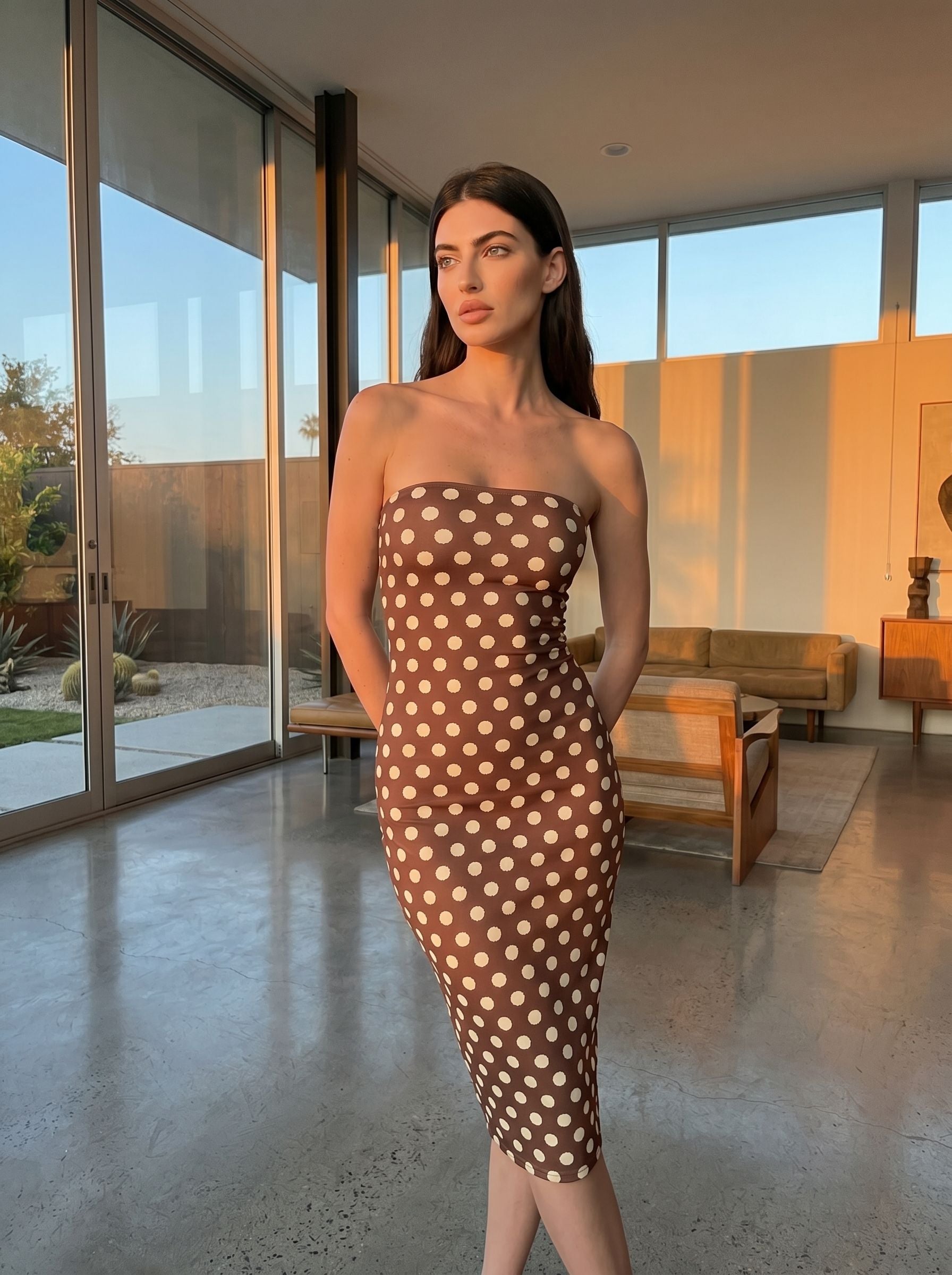 tsitsi natriashvili's Brown Polka Dot Print Midi Dress
