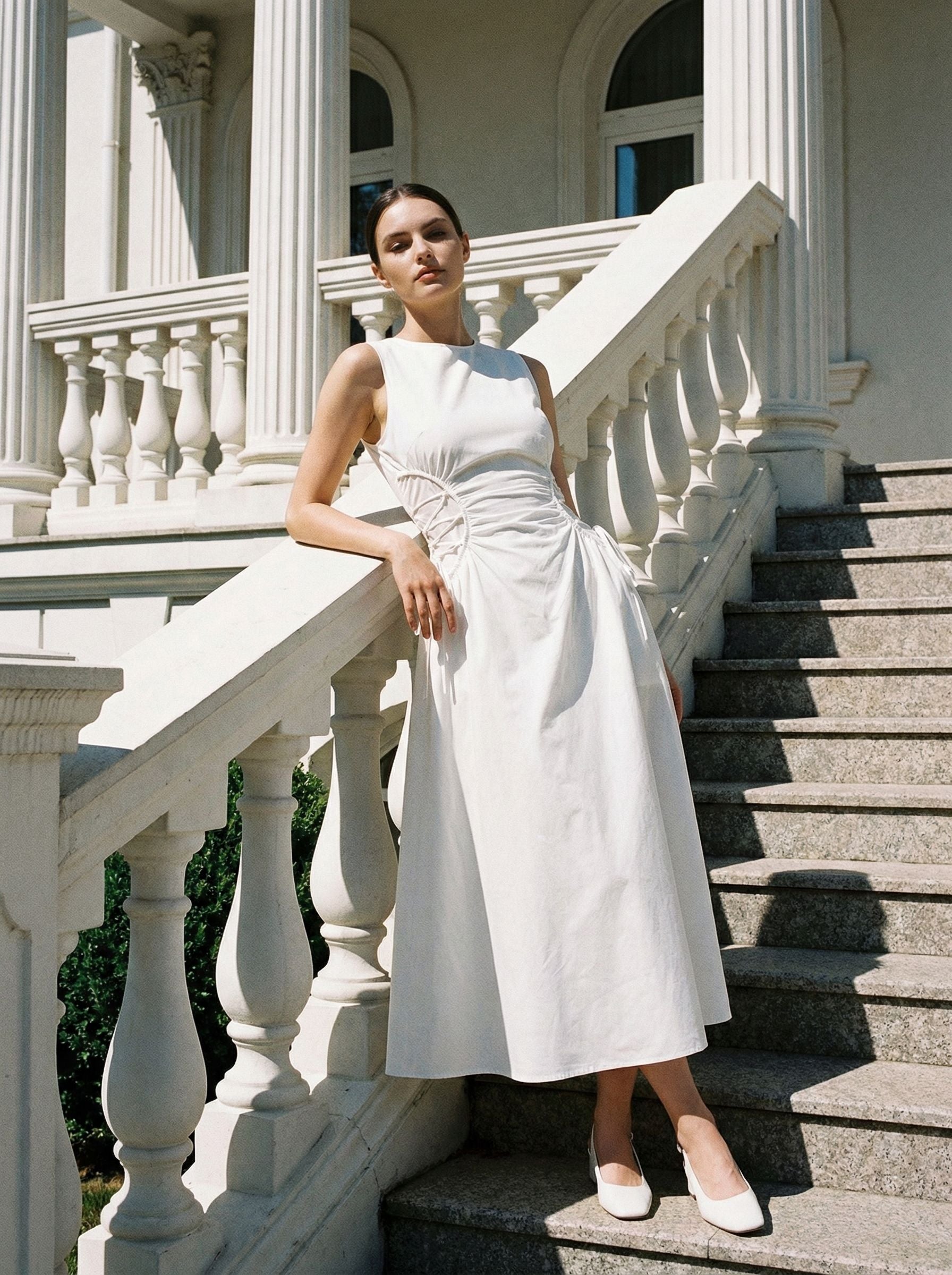 Sleeveless Side-Tie Minimalist Midi Dress-White