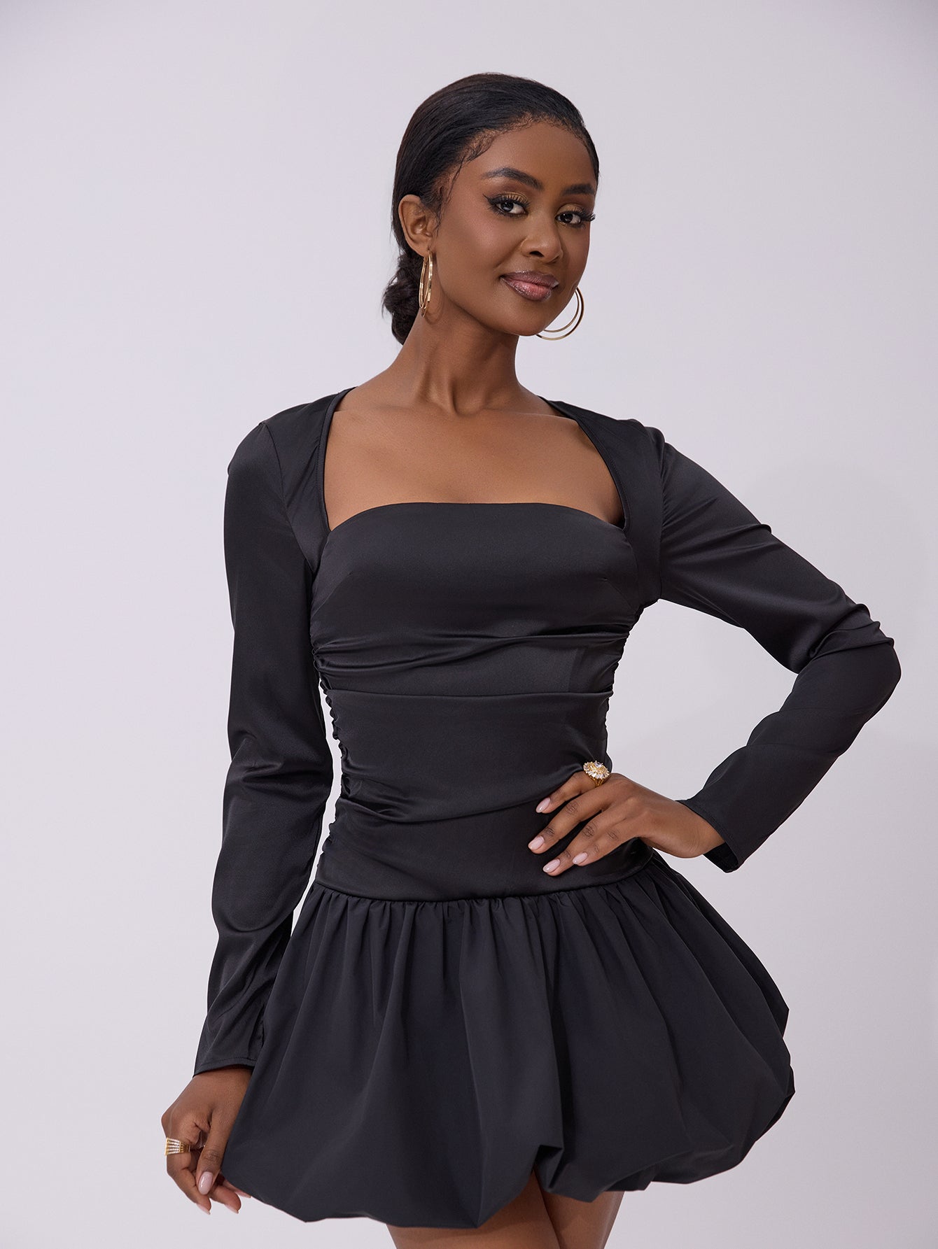 Long Sleeves Bubble Hem Sweet Party Mini Dress-Black