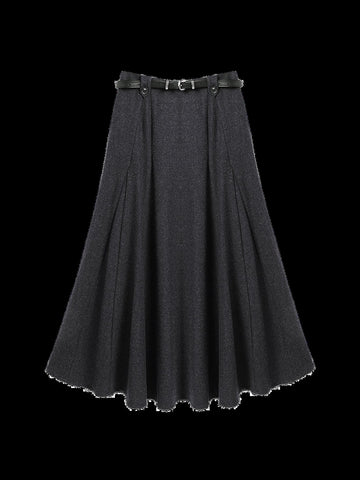 High Waisted Pleated Wool Midi Skirt