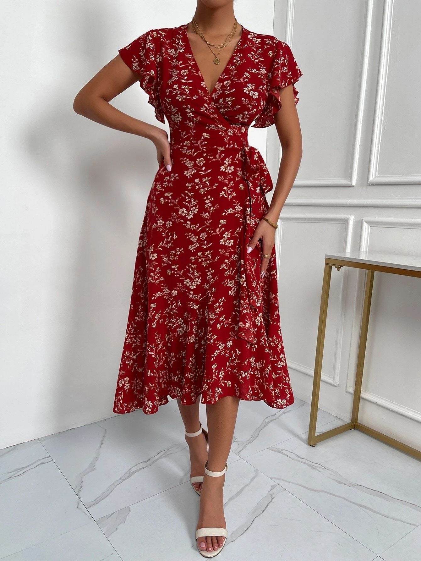V Neck Wrap Waist Romantic Midi Dress