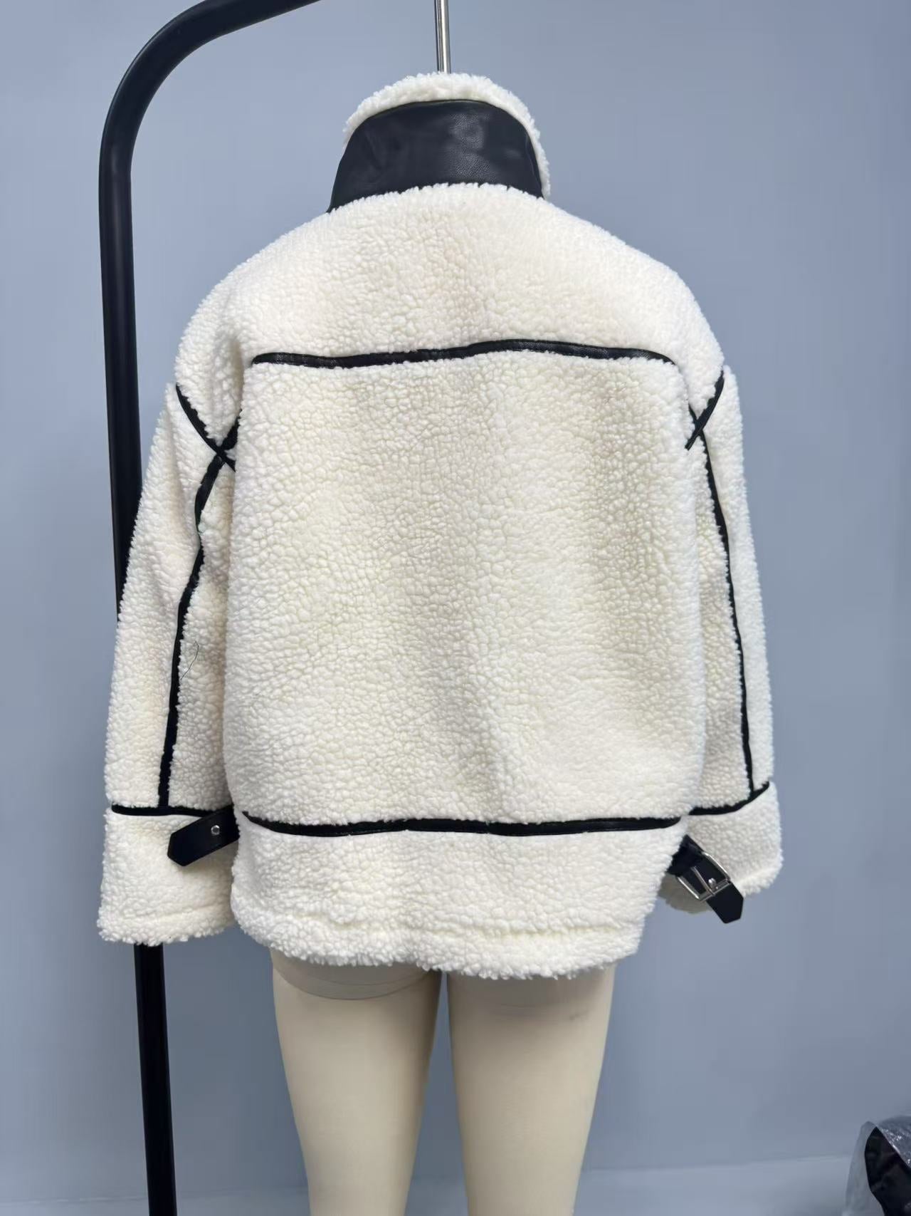 Cozy Faux Leather Trim Fleece Jacket