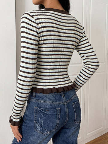 Ribbed Striped Lettuce Trim Sweater