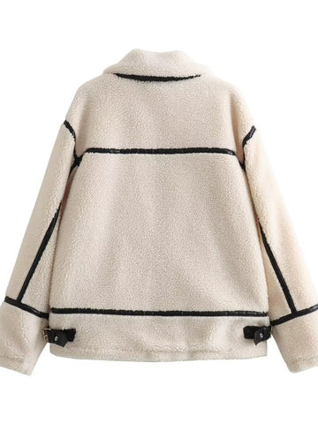Cozy Faux Leather Trim Fleece Jacket