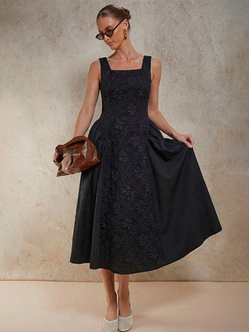 Elegant Embroidered Square Neck Midi Dress