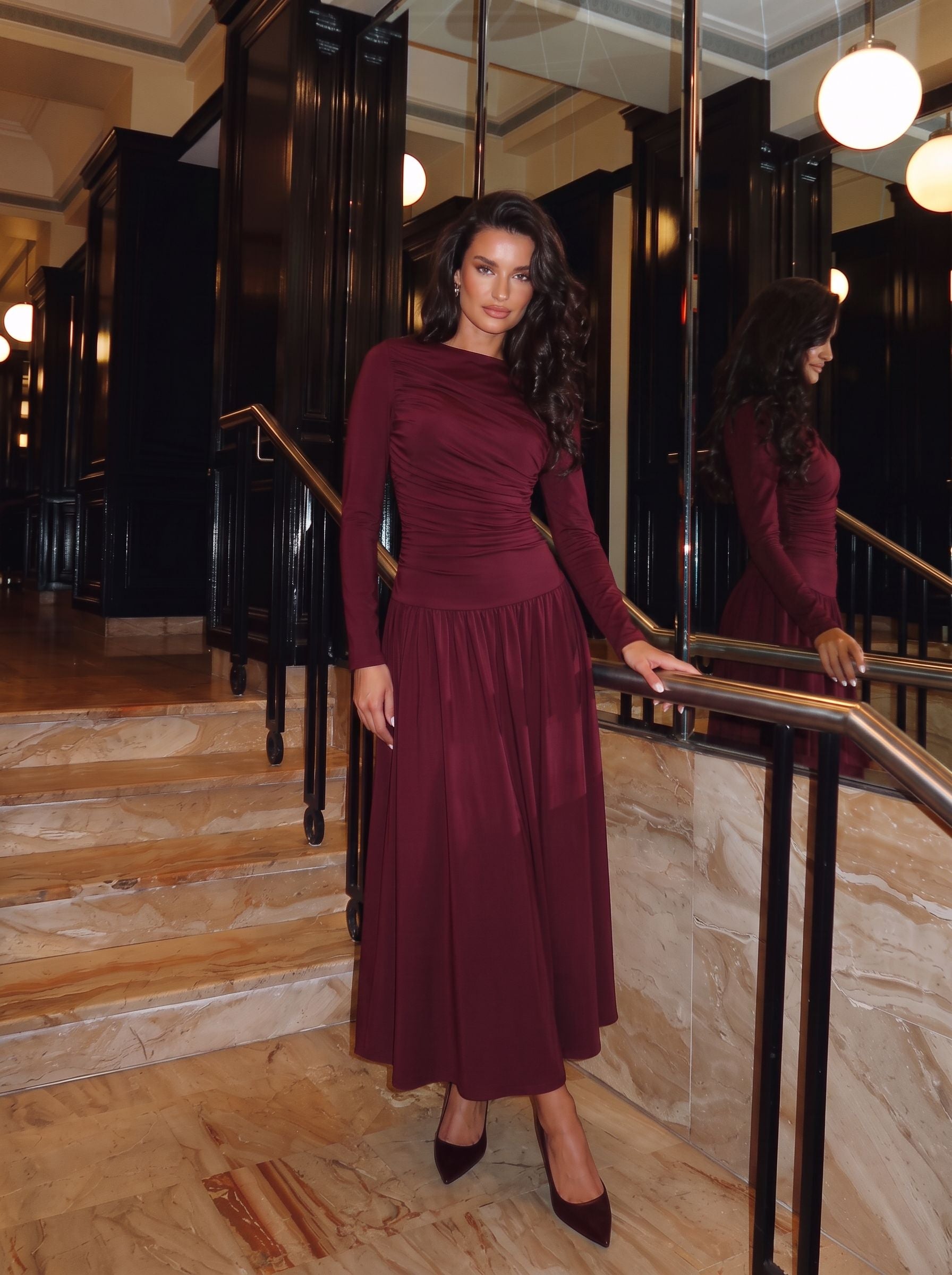 Ruched Long Sleeve Midi Dress