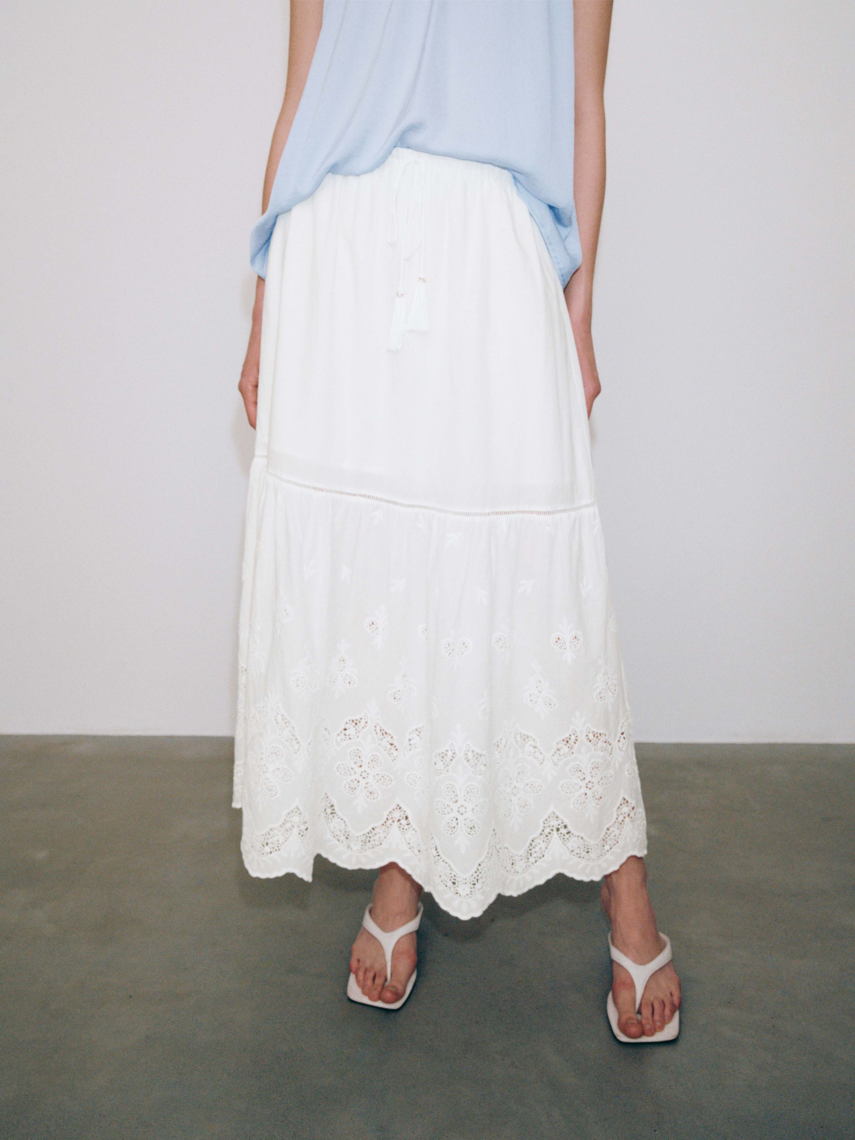 Guipure Lace Tiered Drawstring Pull On A-Line Midi Skirts
