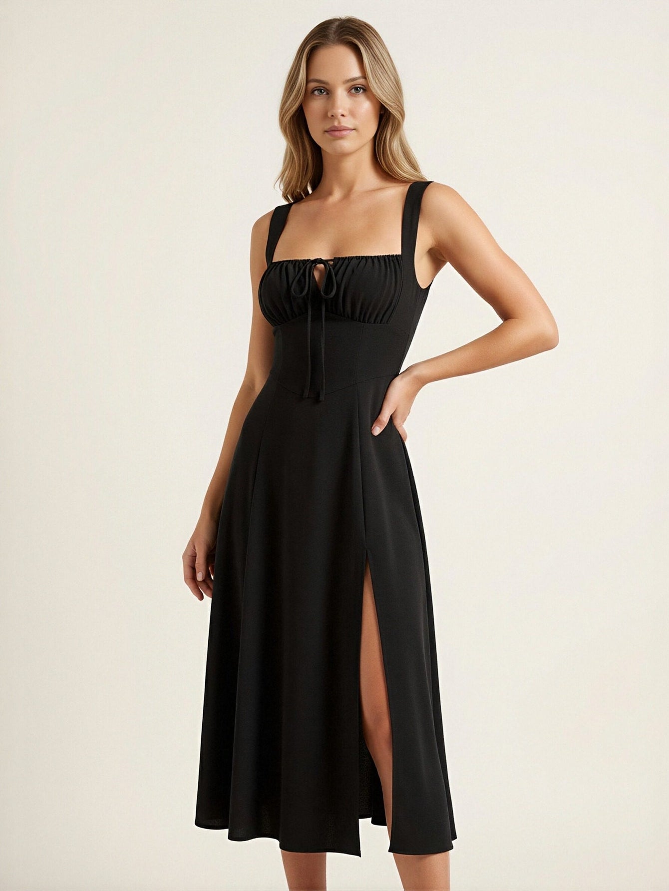 Smocked Bust Tie-Front A-Line Vintage Midi Dress-Black