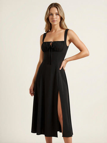 Smocked Bust Tie-Front A-Line Vintage Midi Dress-Black