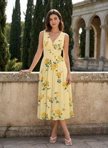 CORINNE
Floral Print V Neck A Line Midi Dress
