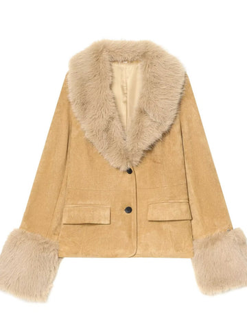 Cozy Faux Fur Trim Suede Jacket