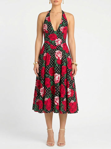 Floral Print Halter Neck Tie Back Midi Dress
