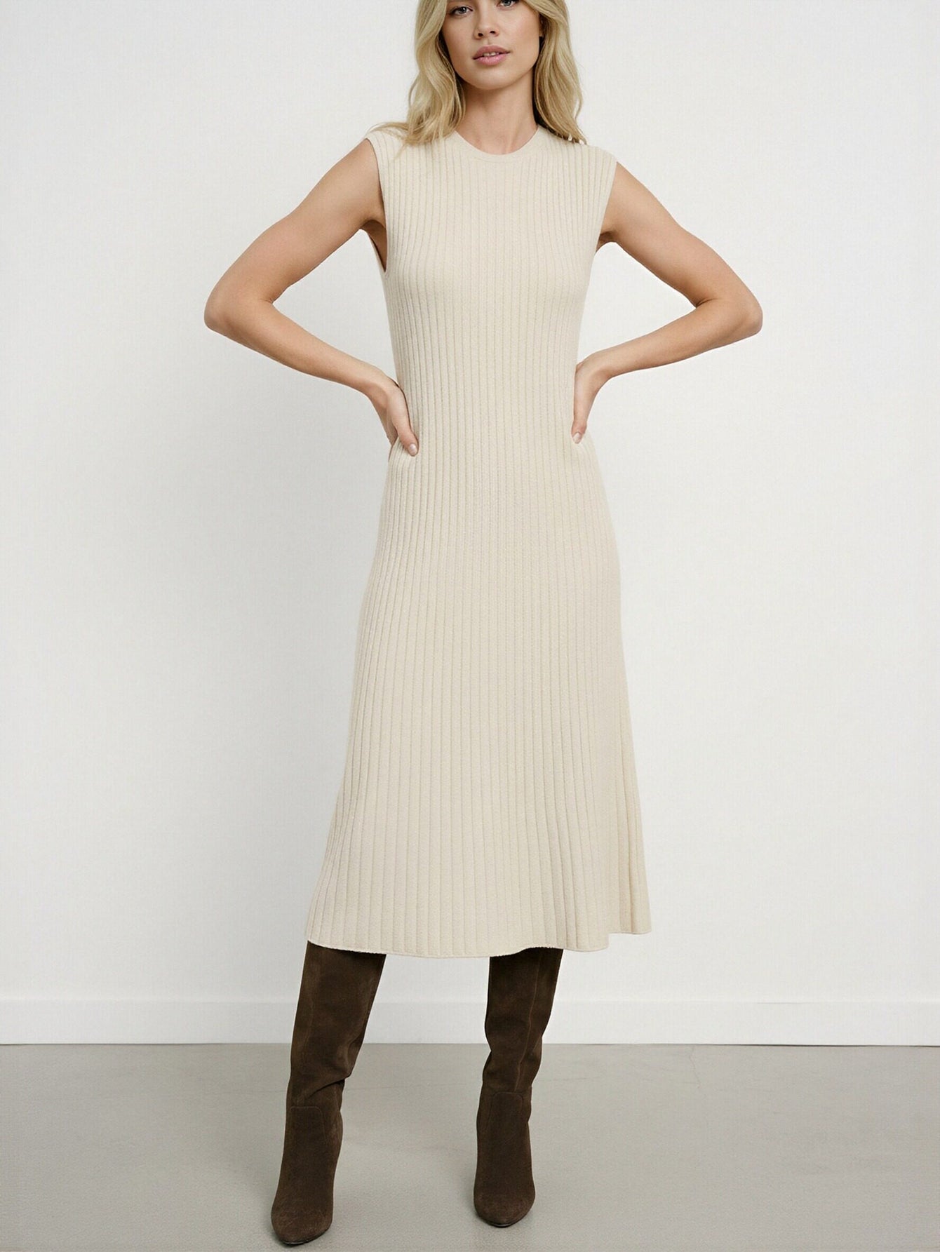 Solid Color Slim Fit Wool Knit Eleant Midi Dress