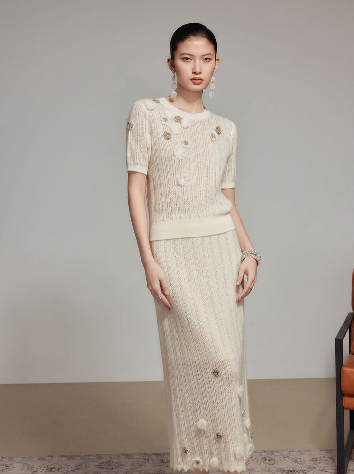 Embellished Cable Knit Midi Skirt