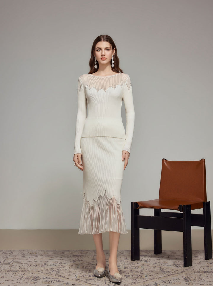 Embellished Sheer Neck Ribbed Pullover Sweater
