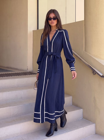Elegant Belted Contrast Trim Maxi Dress