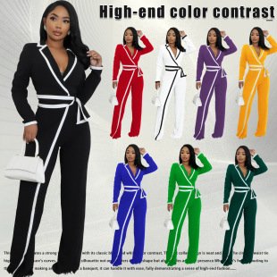 Elegant Colorblock Belted Wide Leg Jumpsuit