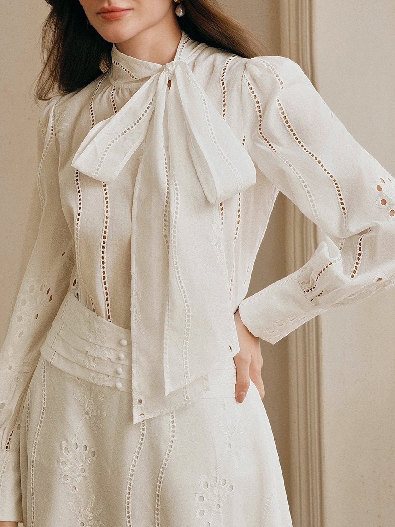 Elegant Embroidered Tie Neck Blouse