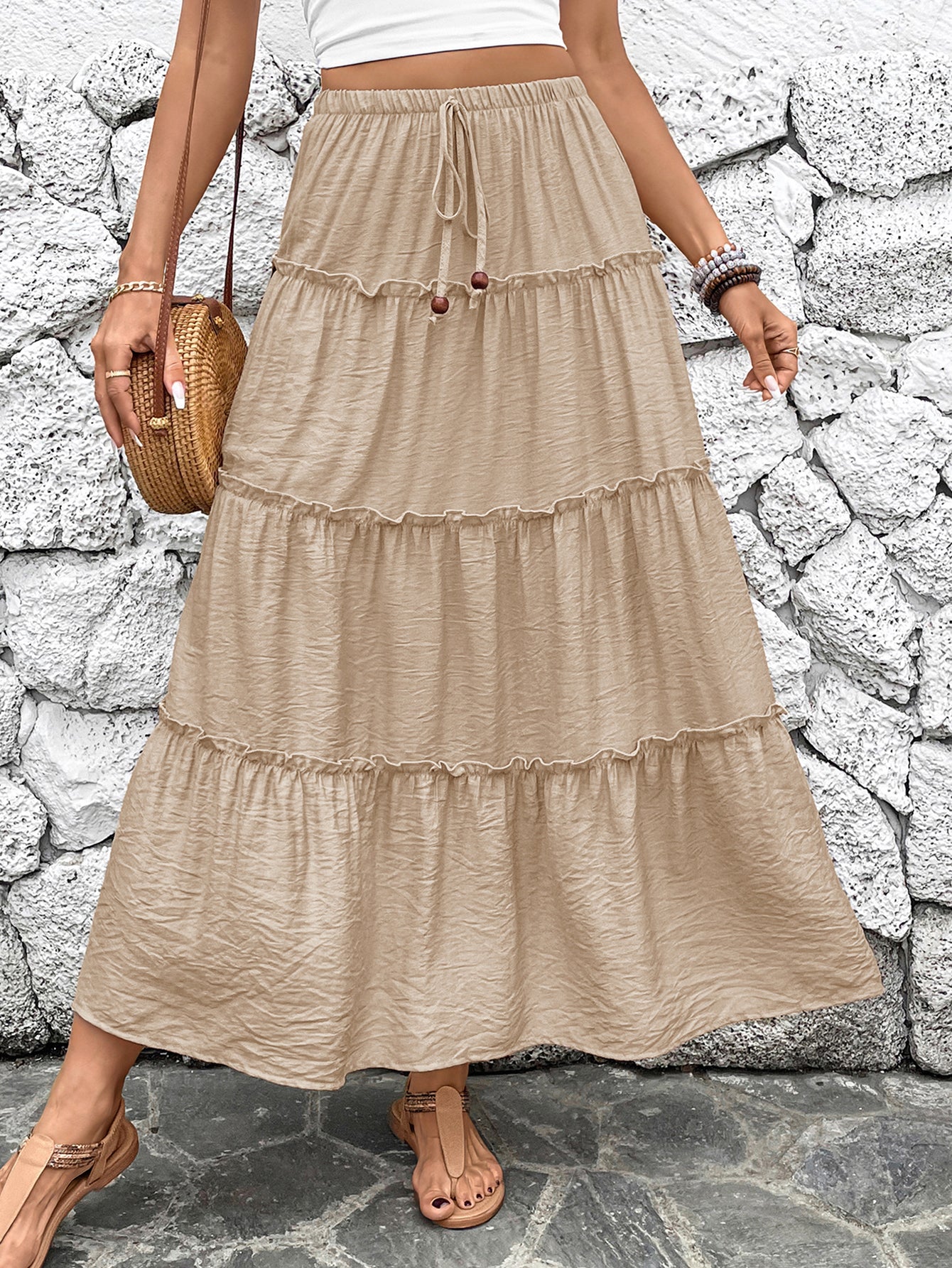 Ruffled-Hem Bohemian Midi Skirt