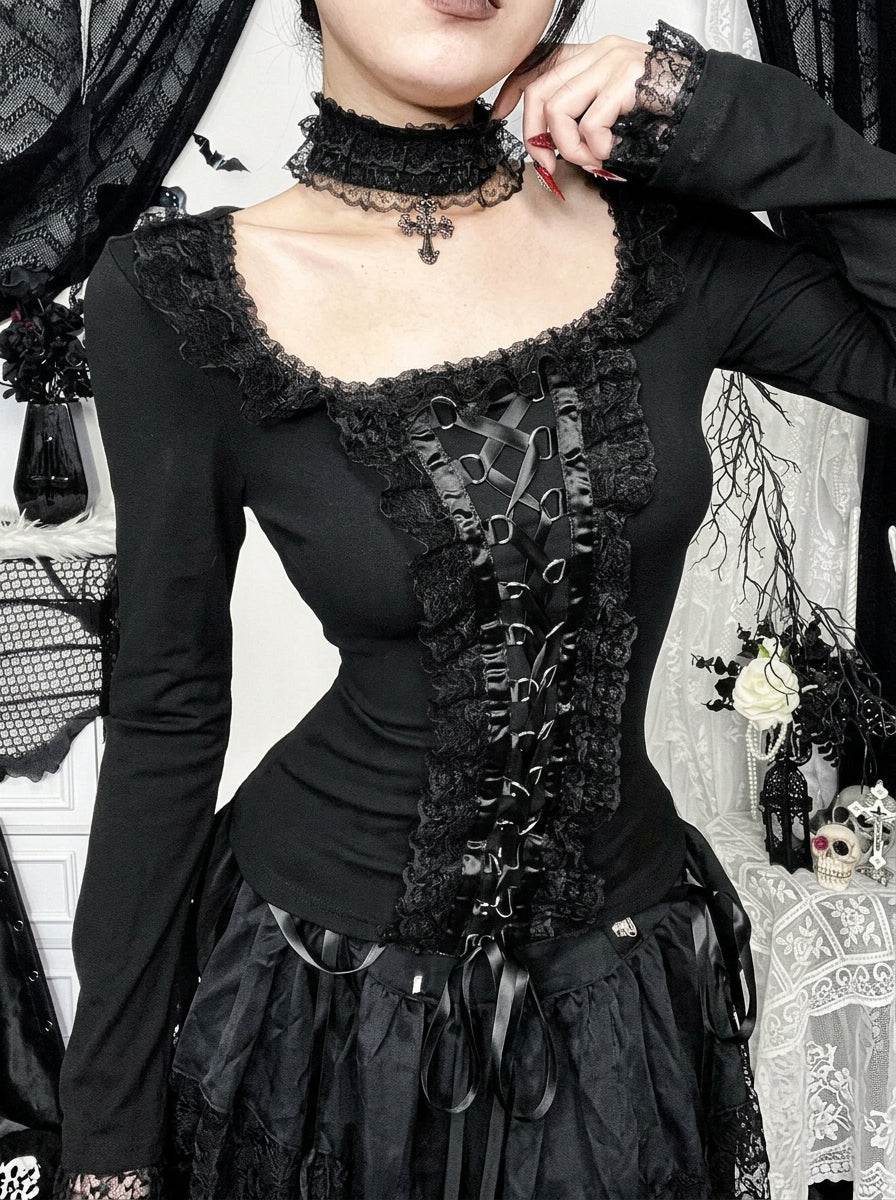 Gothic Lace Up Ruffle Long Sleeve Top