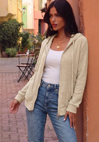 Ribbed Knit Zip Up Hoodie