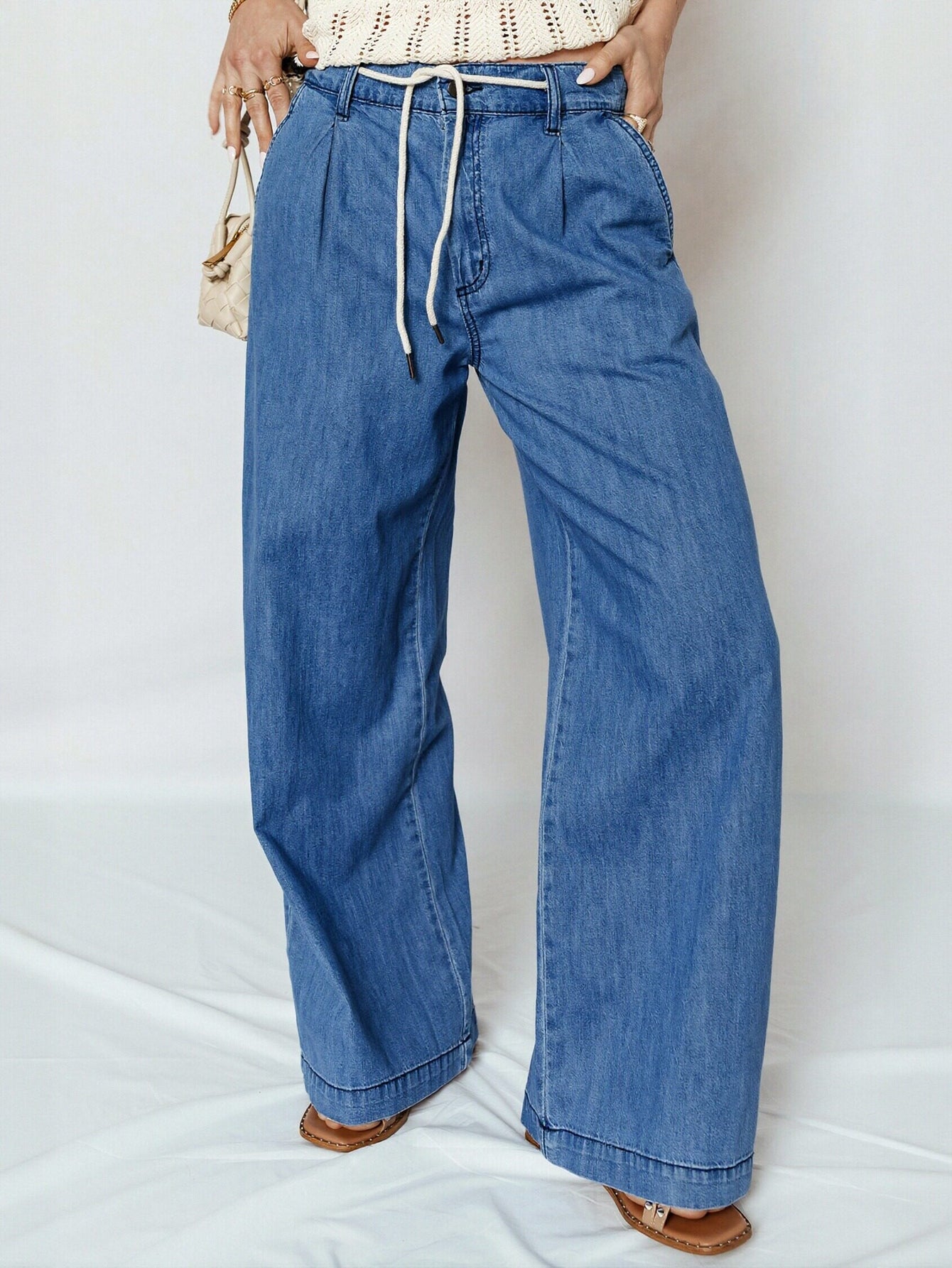 High Waisted Drawstring Wide Leg Jeans