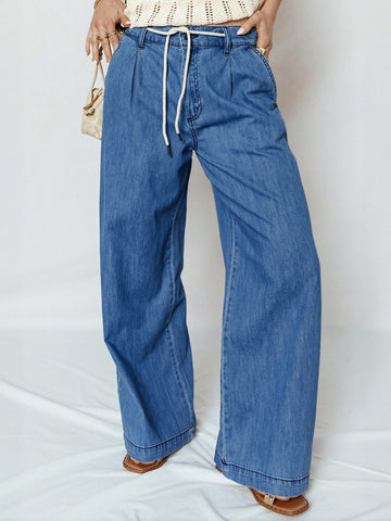 High Waisted Drawstring Wide Leg Jeans