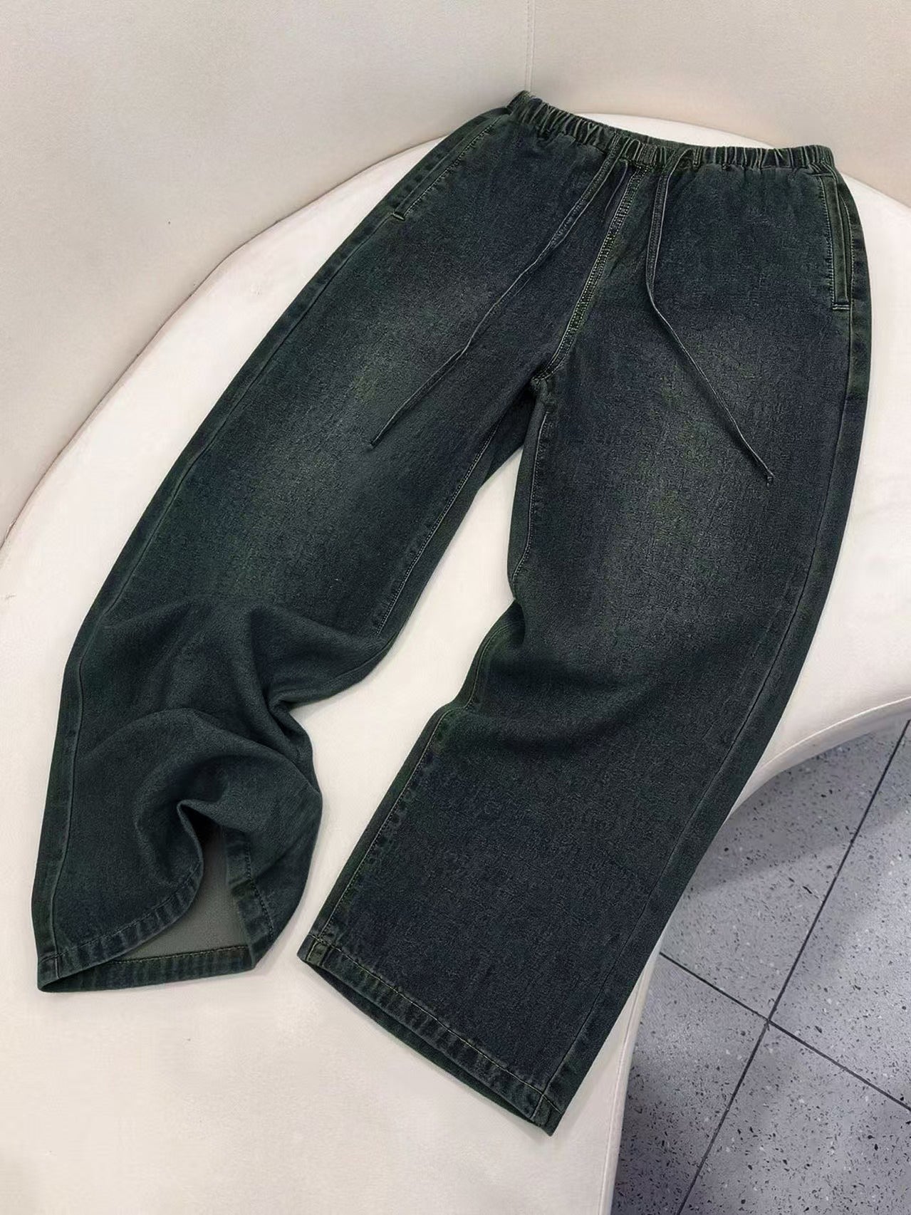 High Waisted Drawstring Wide Leg Jeans