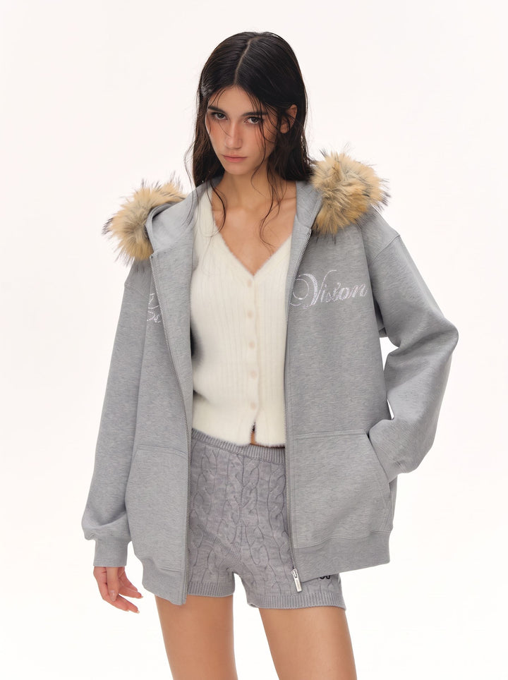 Faux Fur Hooded Rhinestone Jacket