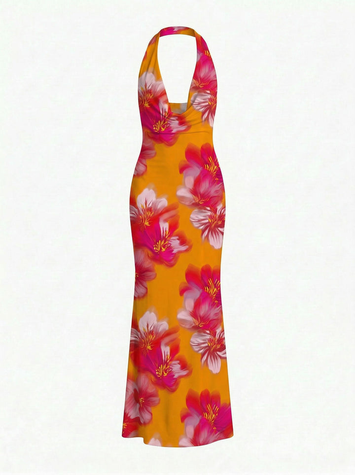 LILA Tropical Hibiscus Print Cowl Neck Bodycon Maxi Dress
