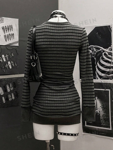 Bodycon Striped V Neck Mini Dress