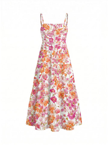 tiantian yu's Pink Floral Print Midi Dress