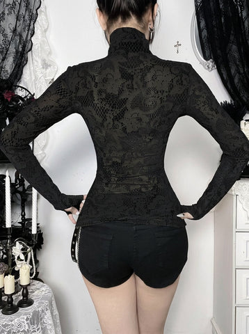 Sheer Rhinestone Mock Neck Lace Tee