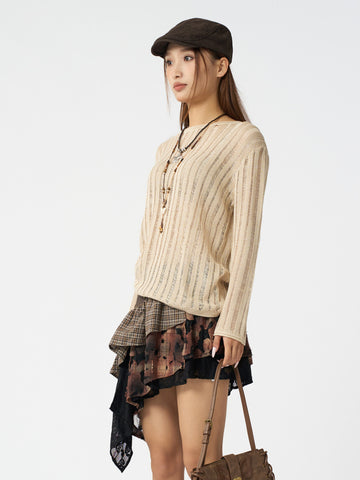 Distressed Plaid Ruffle Asymmetric Mini Skirt