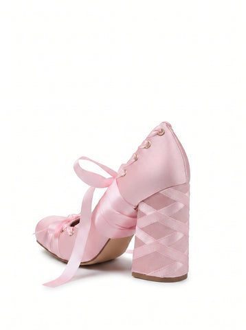 Satin Lace Up Block Heels
