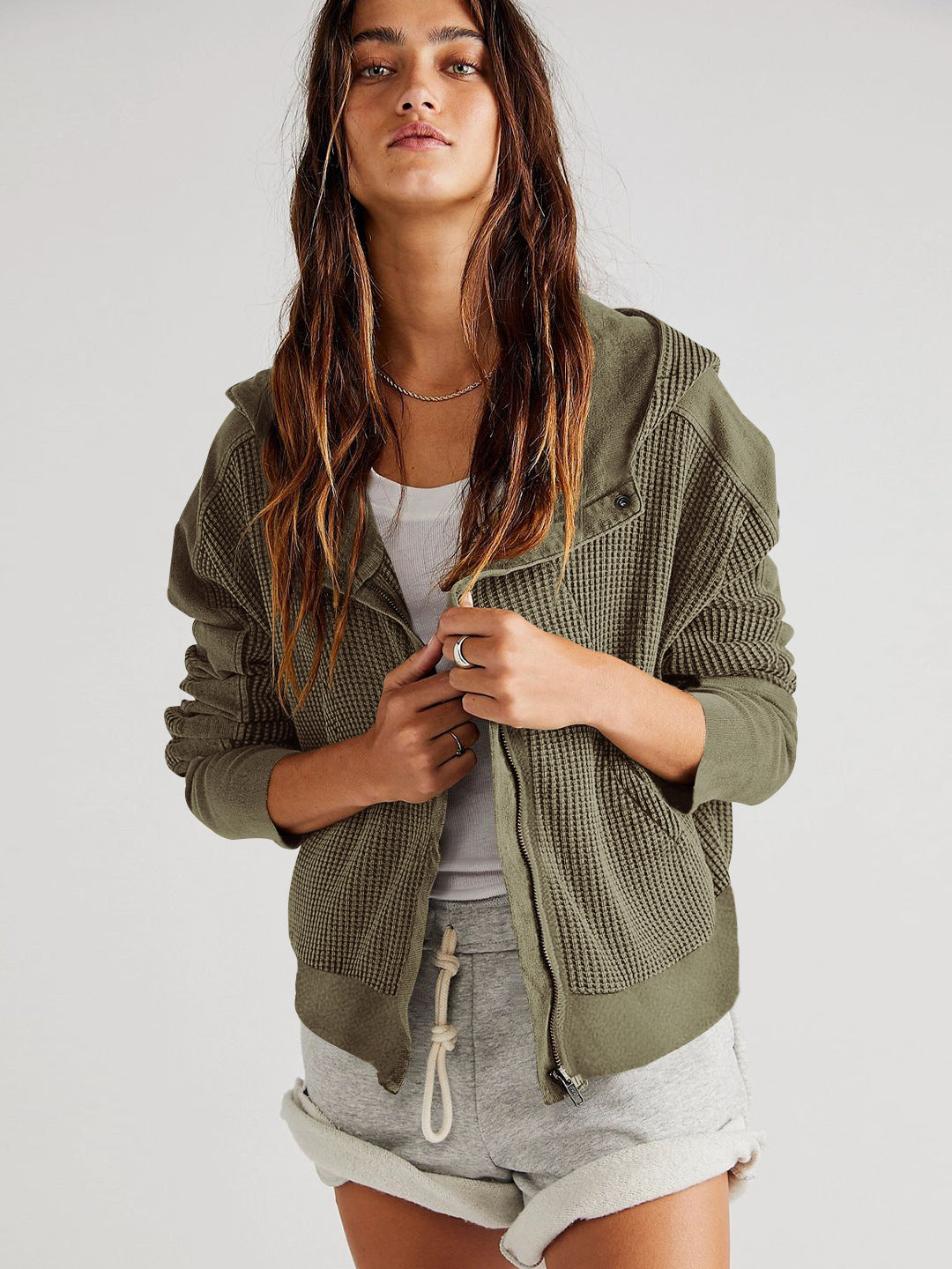 Waffle Knit Snap Up Hoodie Jacket