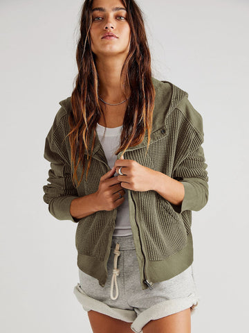 Waffle Knit Snap Up Hoodie Jacket
