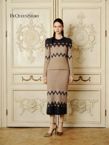 Fuzzy Geometric Pattern Knit Pullover Sweater