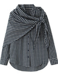 Draped Plaid Tie Front Button Shirt