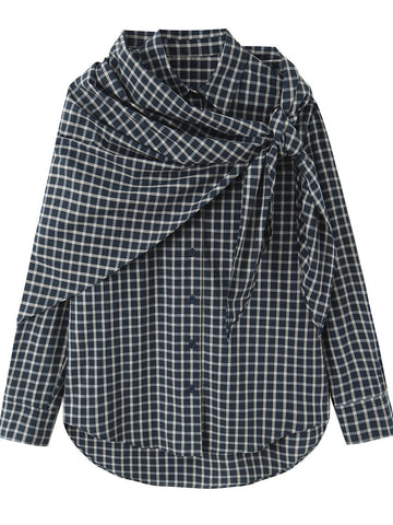 Draped Plaid Tie Front Button Shirt